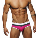 Men's nylon patchwork swim trunks in black, dark blue, and pink, available in sizes M to XXL