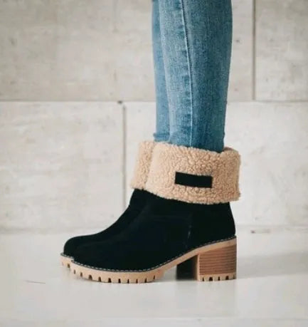 Women's suede mid-calf snow boots in multiple colours with a flat heel and round toe.