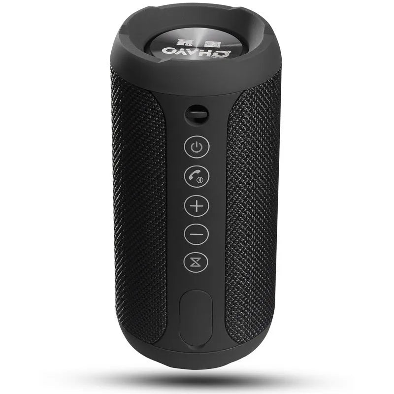 Waterproof outdoor Bluetooth speaker in red colour with control buttons and ports visible.