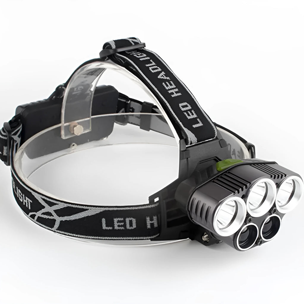 Fixed focus long-range outdoor camping headlamp with head-mounted LED light and push button switch.