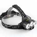 Fixed focus long-range outdoor camping headlamp with head-mounted LED light and push button switch.