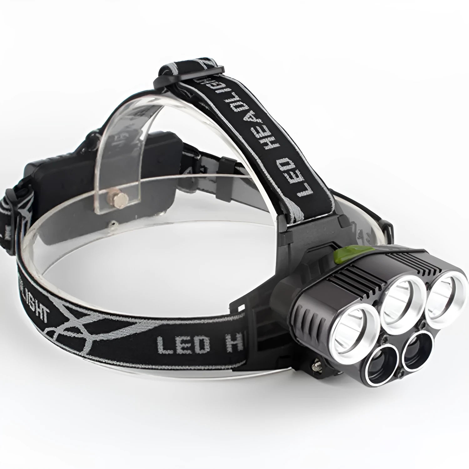 Fixed focus long-range outdoor camping headlamp with head-mounted LED light and push button switch.