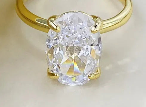 Oval gemstone ring in four-claw setting with 6x9mm stone on finger