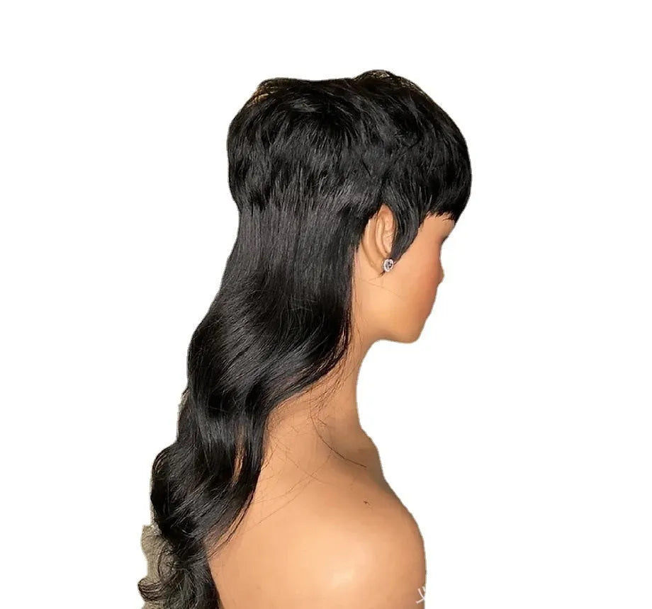 Black Brazilian synthetic wig with bangs and a front short, back long layered hairstyle.