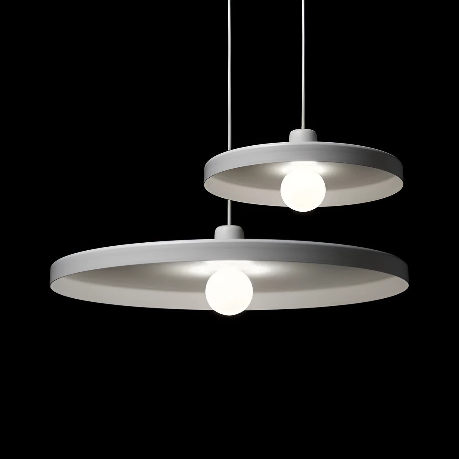 Aluminium alloy bar chandelier in black or white, showing 35cm, 50cm, and 60cm diameter options