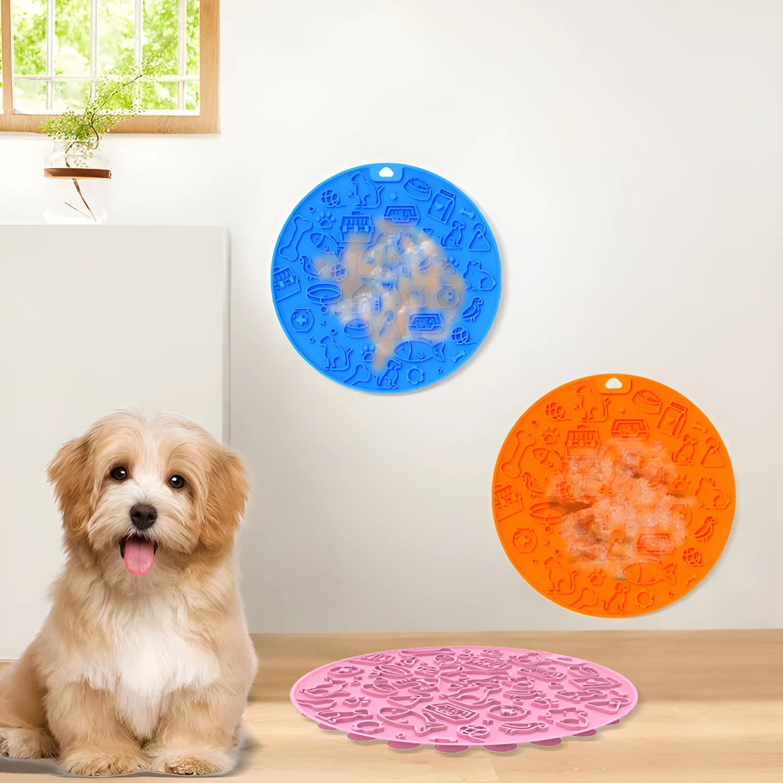 Round silicone pet licking mat with suction cups in blue, grey, mint, orange, and pink colours.