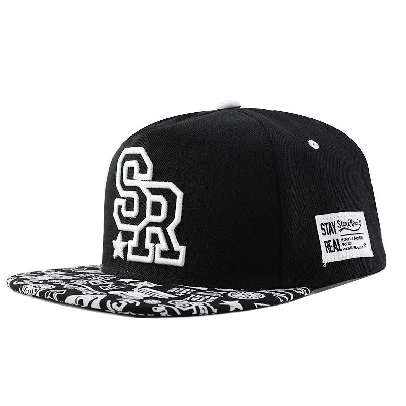 Unisex cotton baseball cap with letter embroidery available in black and white featuring adjustable dome crown design