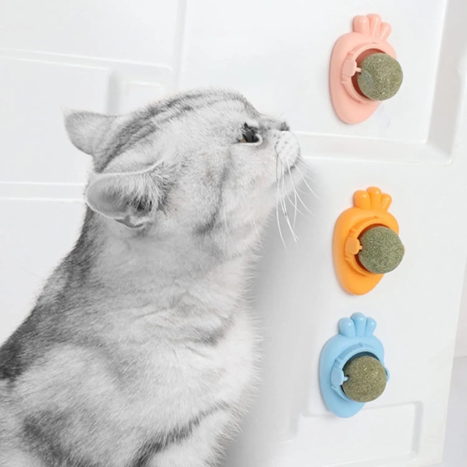 Blue carrot-shaped self-adhesive catnip balls for teeth cleaning and anxiety relief