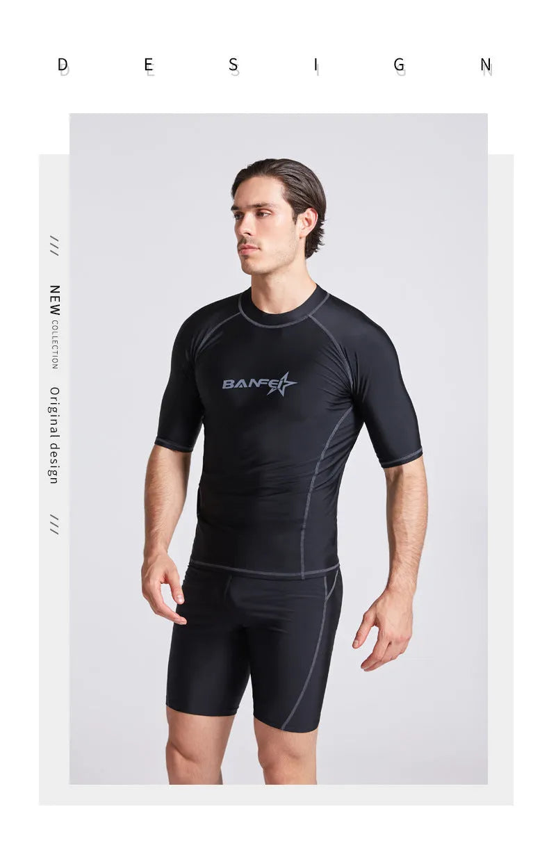 Men's quick-drying half sleeve swimsuit set in nylon for snorkelling and surfing activities