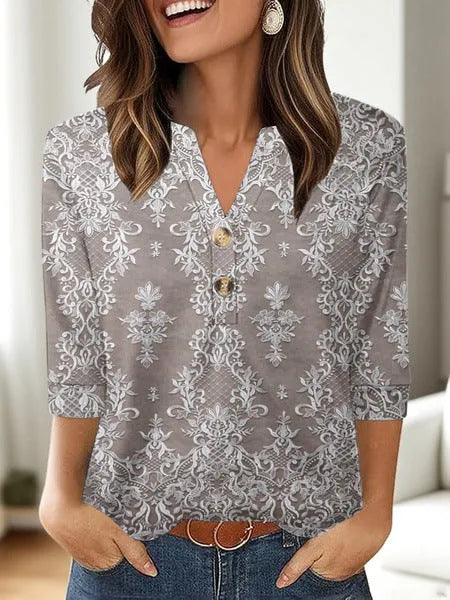Women's casual V-neck t-shirt with 3D printed pattern showing loose-fit Asian sizing