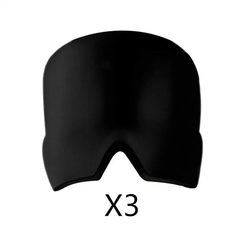 Black reusable gel ice mask for eyes and forehead on a white background