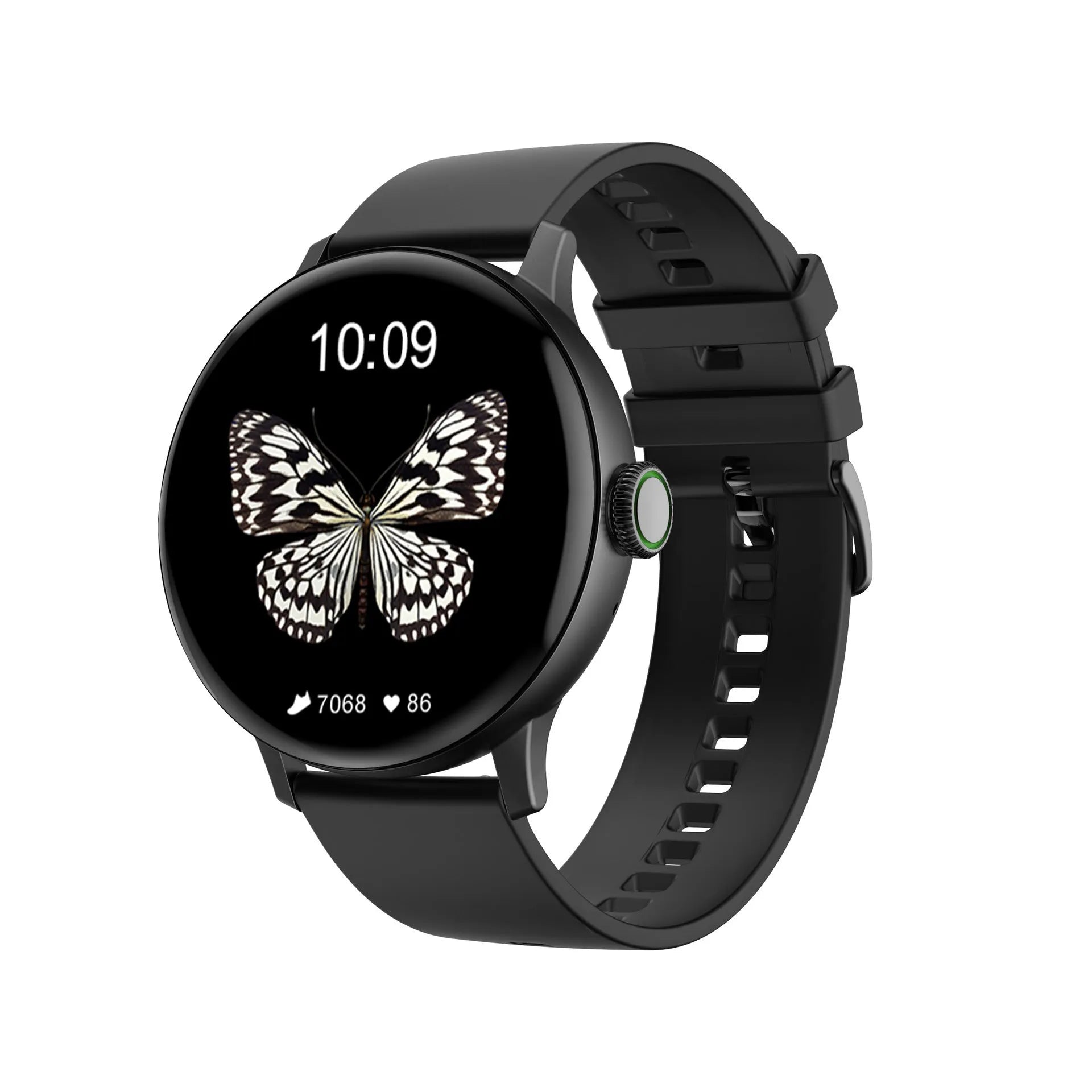 Gold smart bracelet with 42mm case on wrist, showing call screen and heart rate data.
