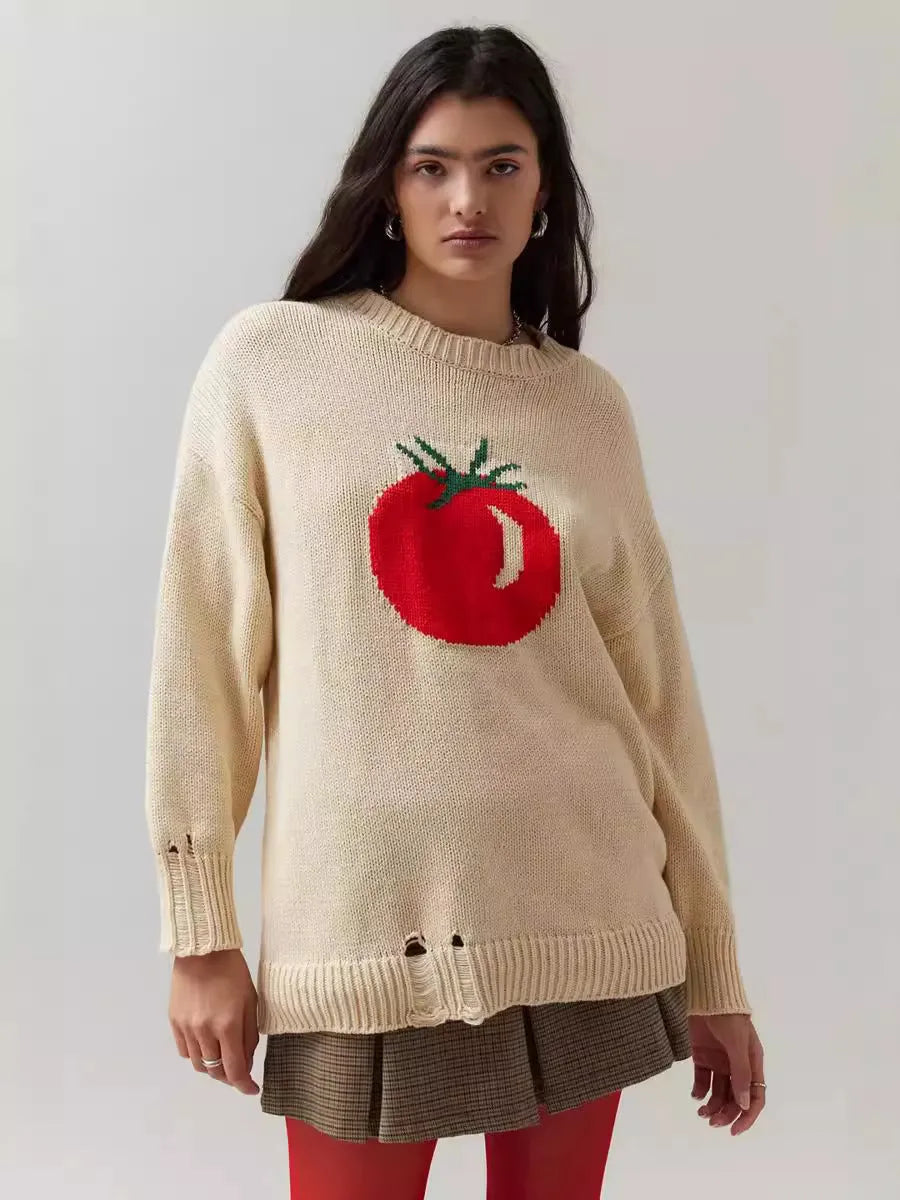 Women's beige jacquard knit pullover sweater with round neck and long sleeves