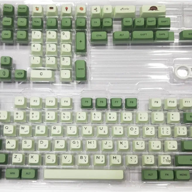 124 PBT keycaps in Matcha green colour arranged by language layout for mechanical keyboards