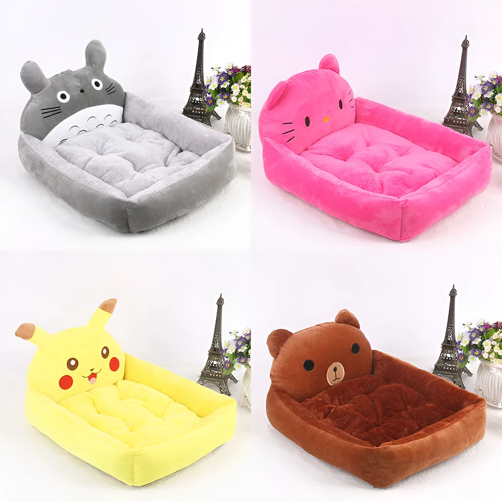 A cartoon-style washable pet sofa bed for small dogs and cats, shown in blue, brown, gray, or pink.