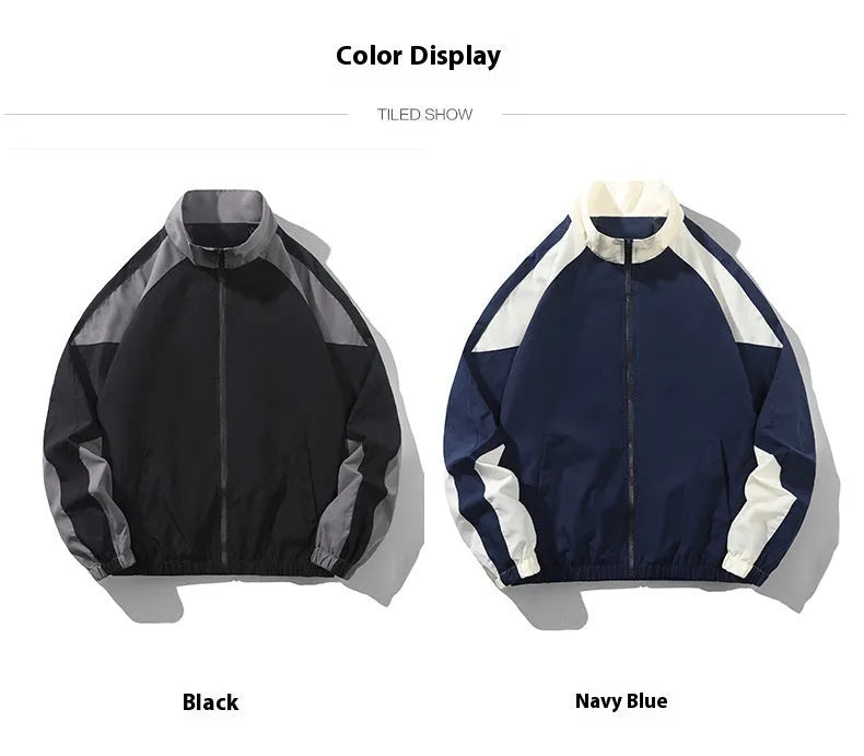 Men's black contrast stitch casual jacket with side seam pockets showing loose fit design