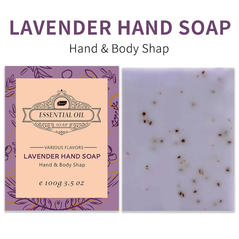 Handmade frosted essential oil soap bar in botanical scents like lavender and green tea, 100g.