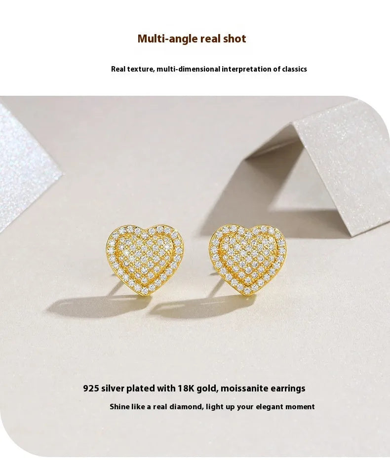 Gold-coloured heart-shaped moissanite stud earrings on S925 silver with secure fastening back
