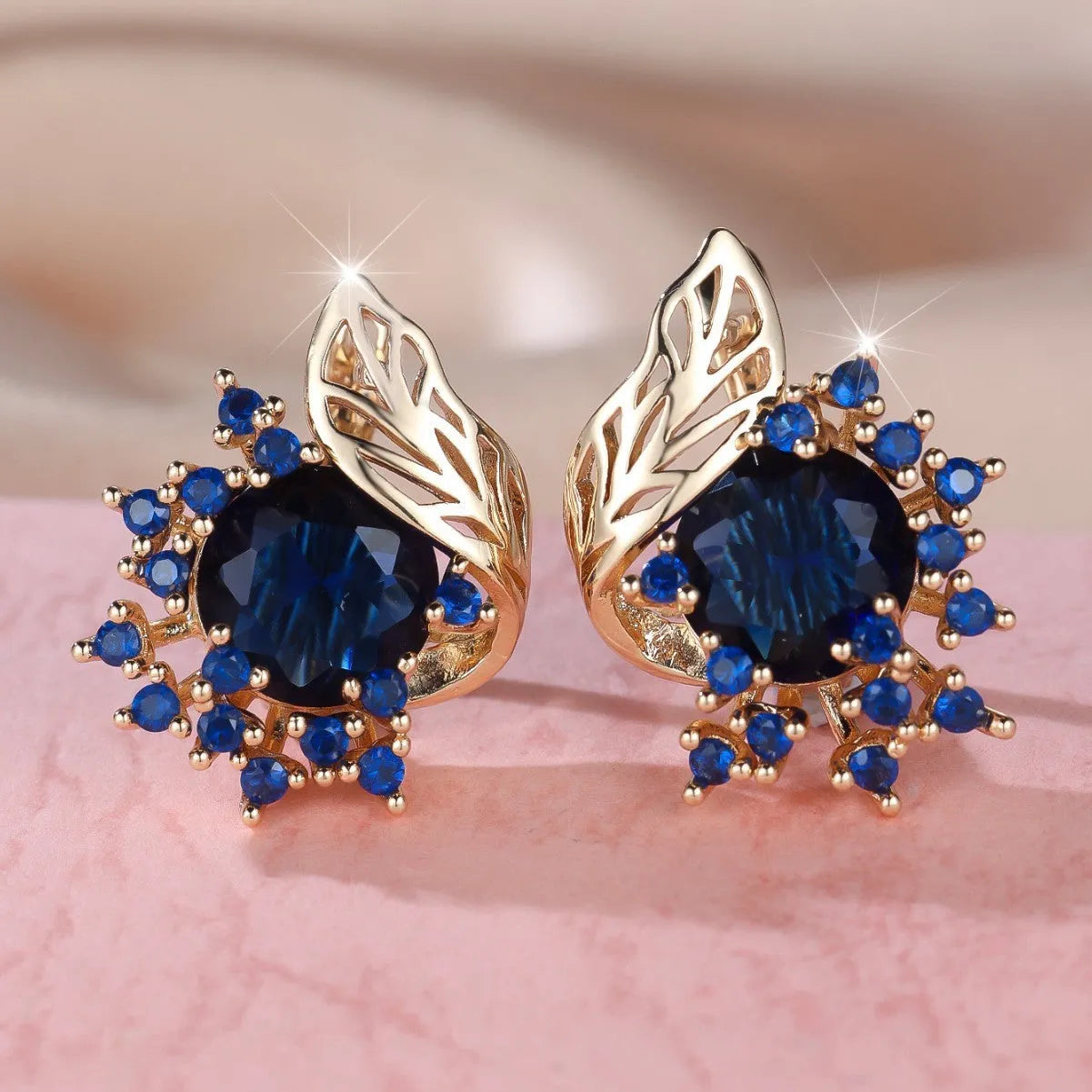 Women's round flowers feather zircon earrings with champagne gold electroplating and six gemstone colour options