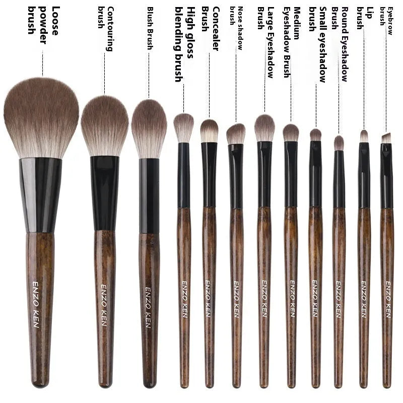 12-piece makeup brush set with wooden handles and a grey PU travel bag
