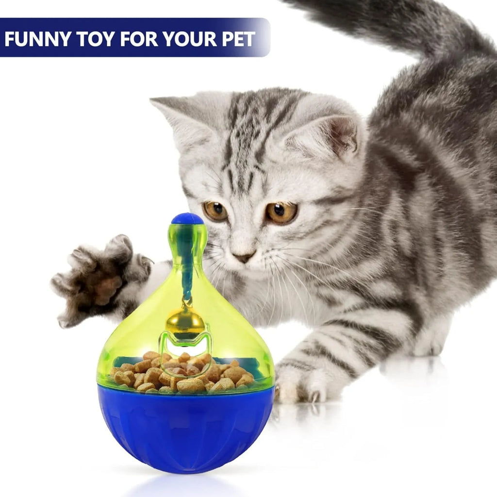 Blue tumbler-shaped pet treat dispenser toy for small and medium dogs and cats