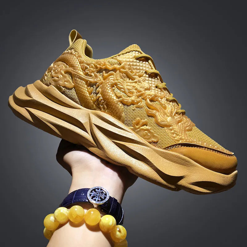 Chinese Loong breathable fly knit sneakers with dragon pattern and rubber sole in gold, white, or black colours