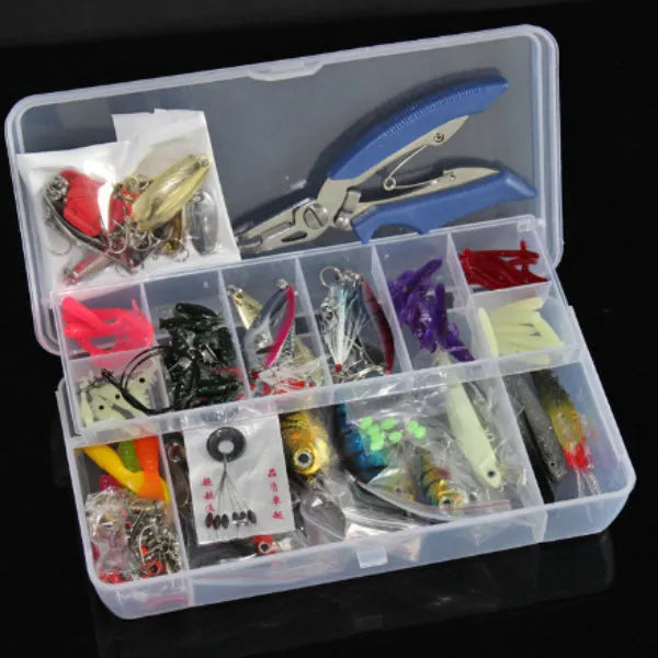 132-piece fishing lure set in rose red colour with plastic lures and steel hooks