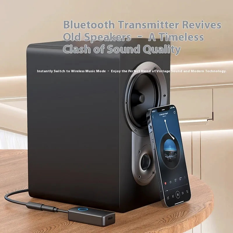 Black Bluetooth 5.4 audio adapter with flexible 3.5mm plug for wireless conversion of car stereos and speakers