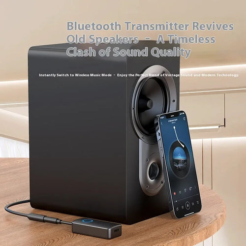 Black Bluetooth 5.4 audio adapter with flexible 3.5mm plug for wireless conversion of car stereos and speakers