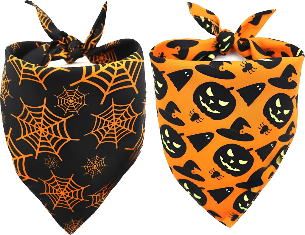 Black and orange reversible Halloween dog bandana with pumpkin and spider web patterns lying flat.