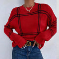Women's loose fit acrylic sweater with plaid colour-block pattern in apricot black beige stripes red green colours