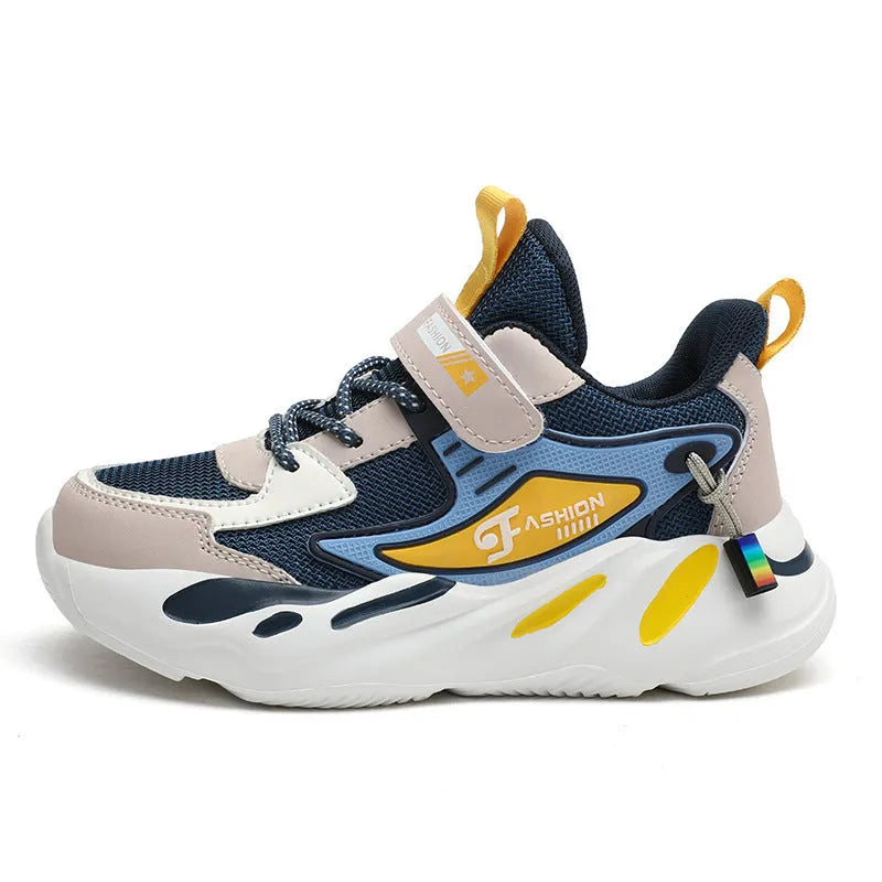 Boys' dark blue PU mesh sports running shoes with non-slip MD soles and Velcro fastening