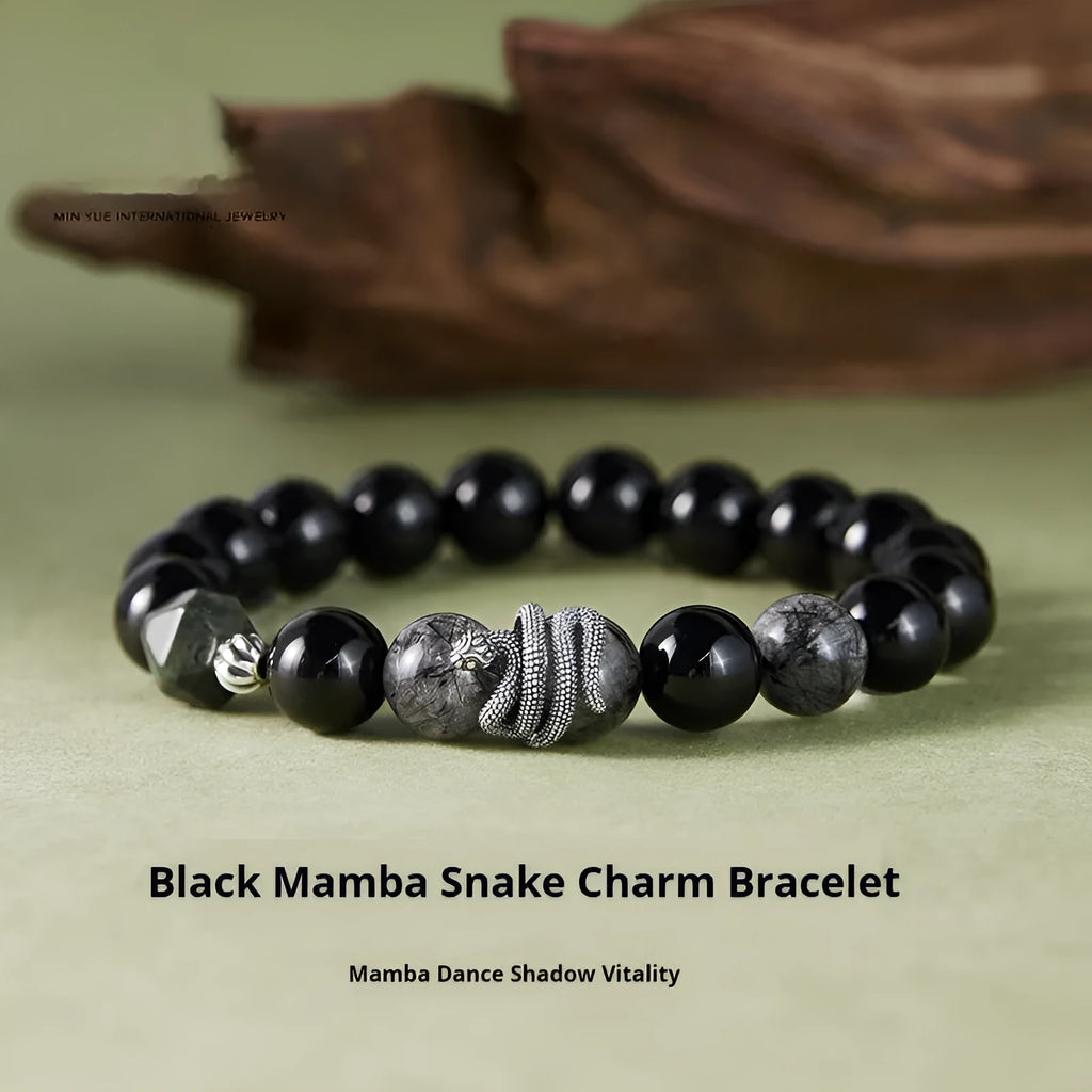 Men's sterling silver bracelet with black obsidian crystal snake charm in retro animal zodiac design