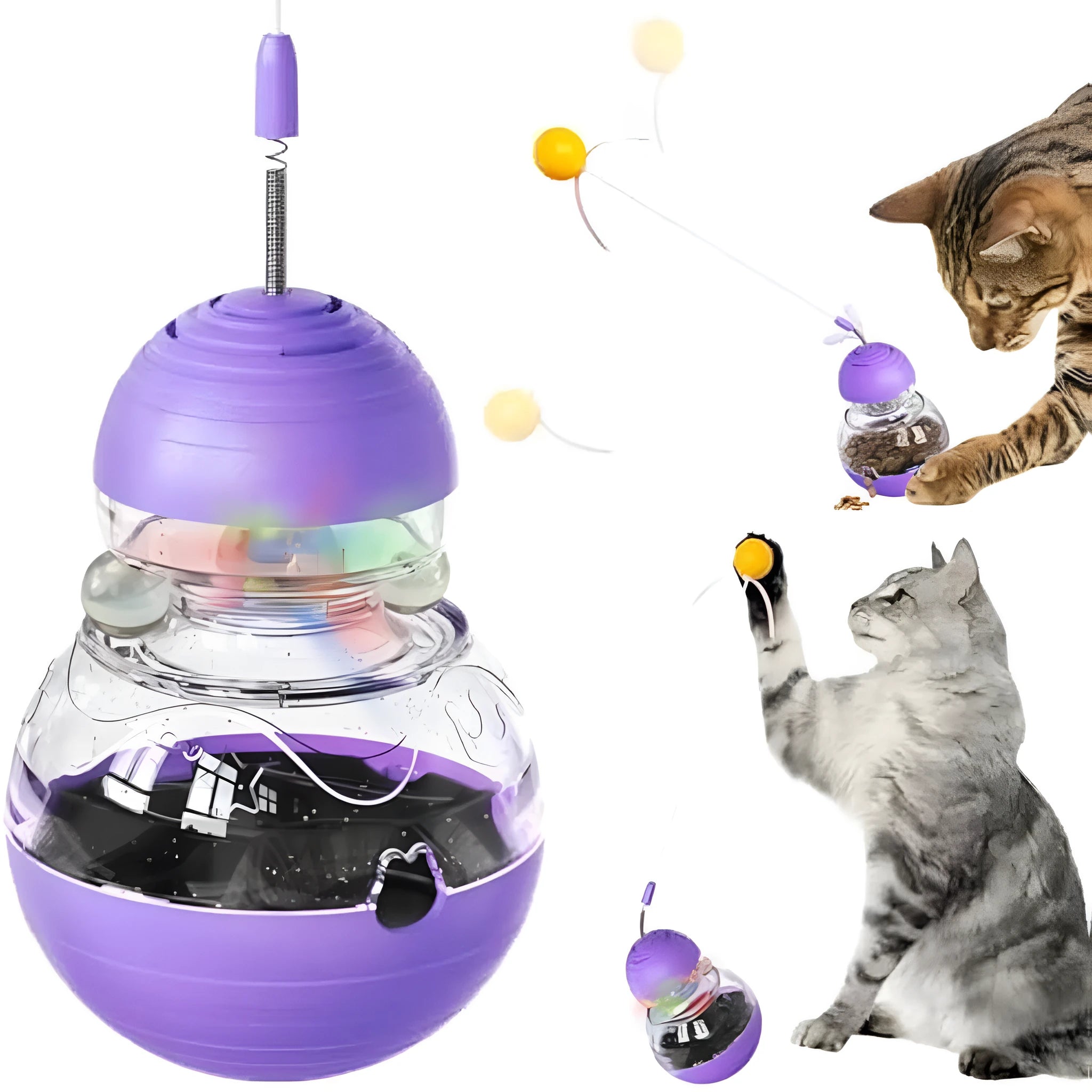 Multi-colour cat interactive toy with rocking base, slow feeder compartment, and bouncing teaser wand with plastic ball attachment