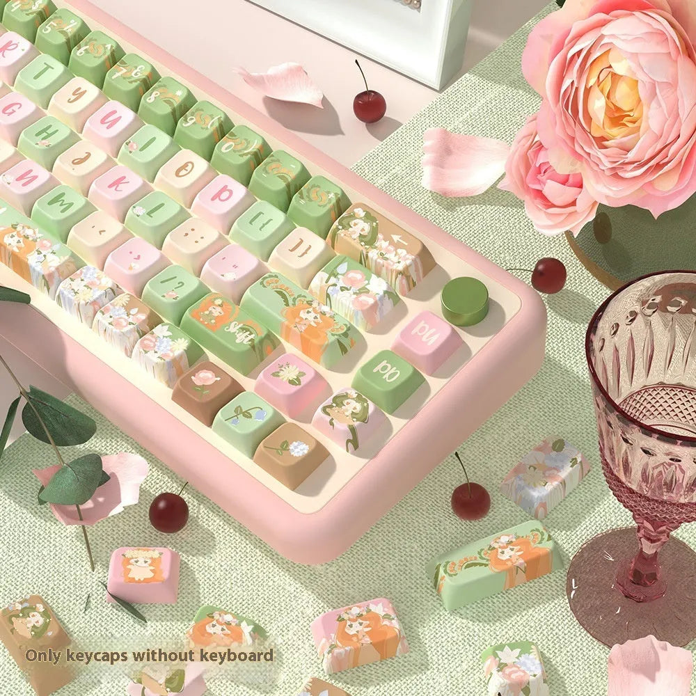 Sublimated summer garden floral design key cap set for mechanical keyboards, shown in 138-key and 158-key options.