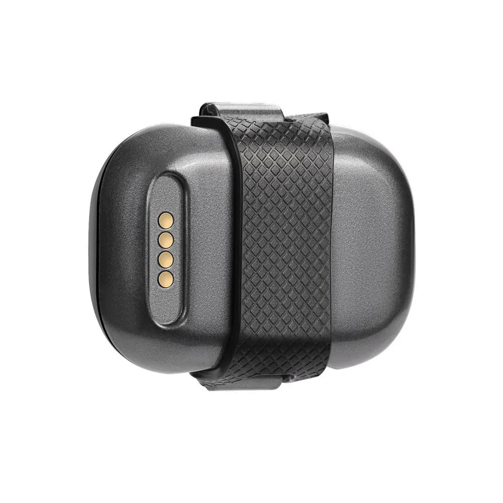 Black pet GPS locator device with hanging rope attachment for dog or cat collar mounting