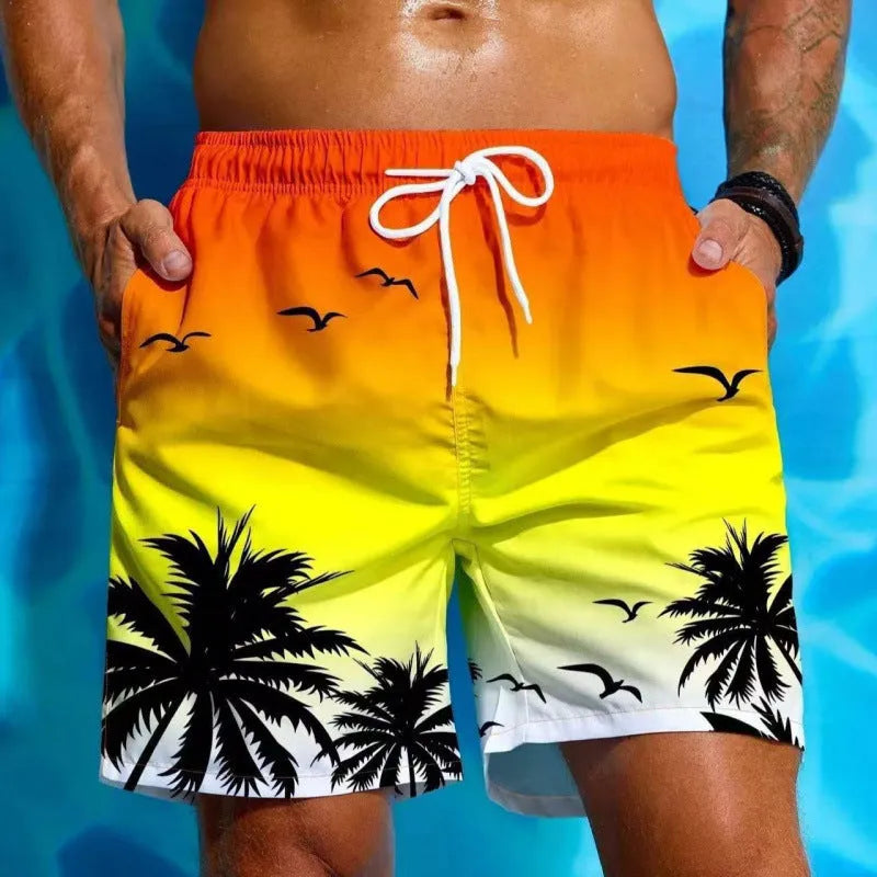 Men's loose board swimming trunks in polyester fiber with ethnic style pattern available in multiple colours