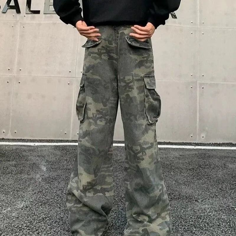 American vintage style washed camouflage cargo pants with multiple pockets on a mid-waist, full-length silhouette.