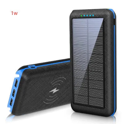 Black wireless solar power bank with Qi charging pad, three USB ports and an LED flashlight