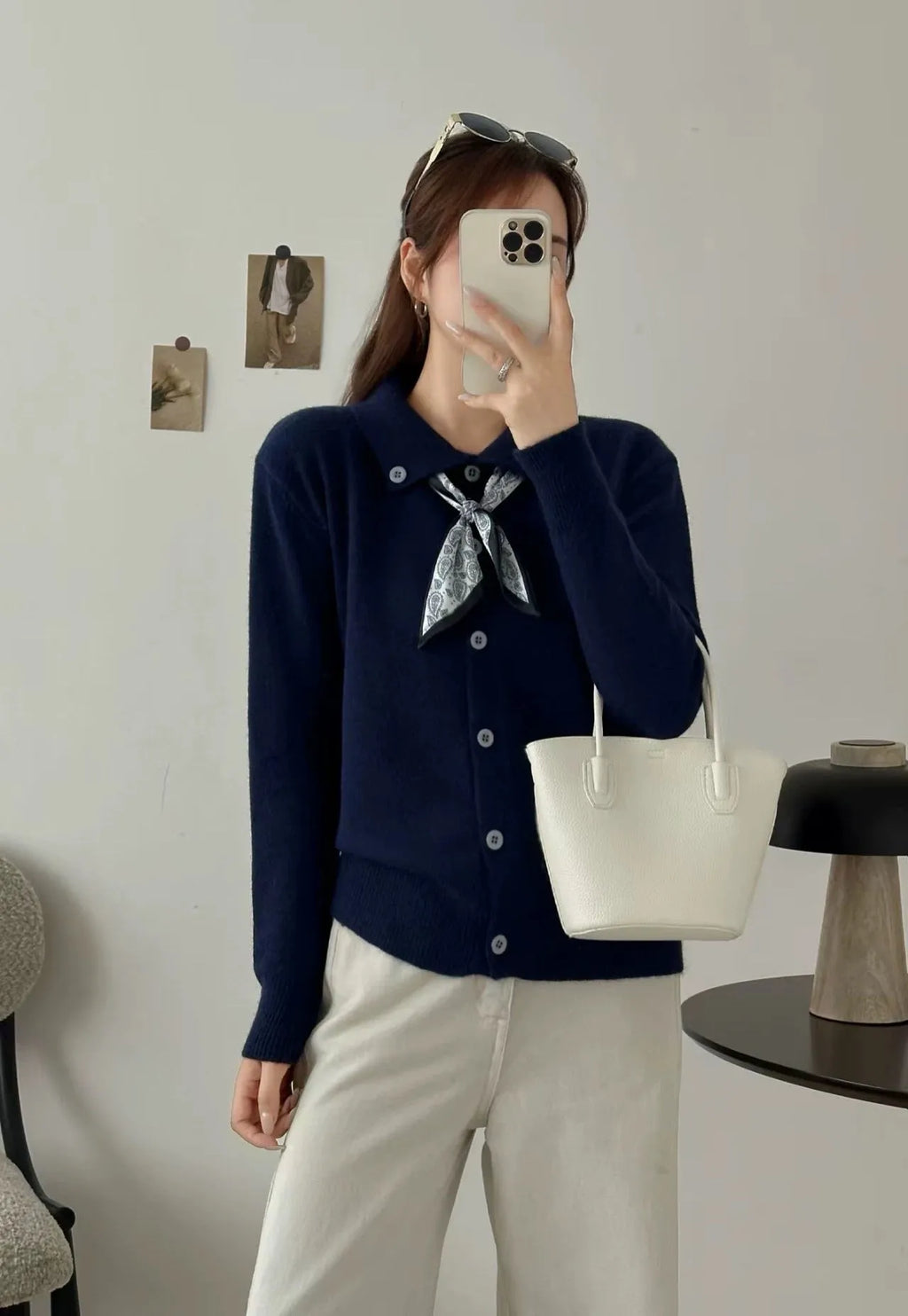 Beige cardigan sweater with lapel scarf collar and splicing design detail