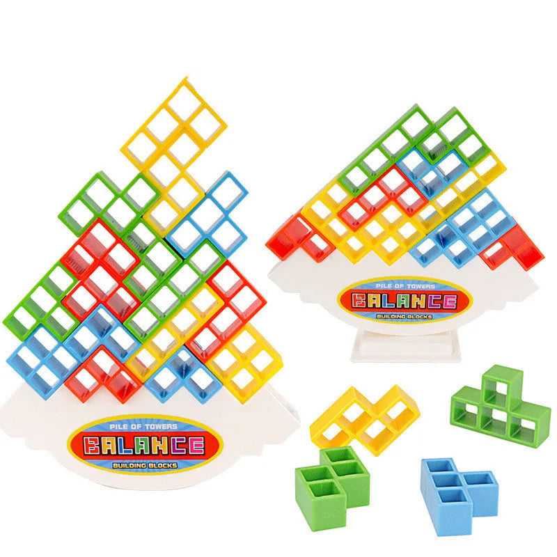 Plastic balance stacking game with 16 coloured building blocks, chassis, and base on a table