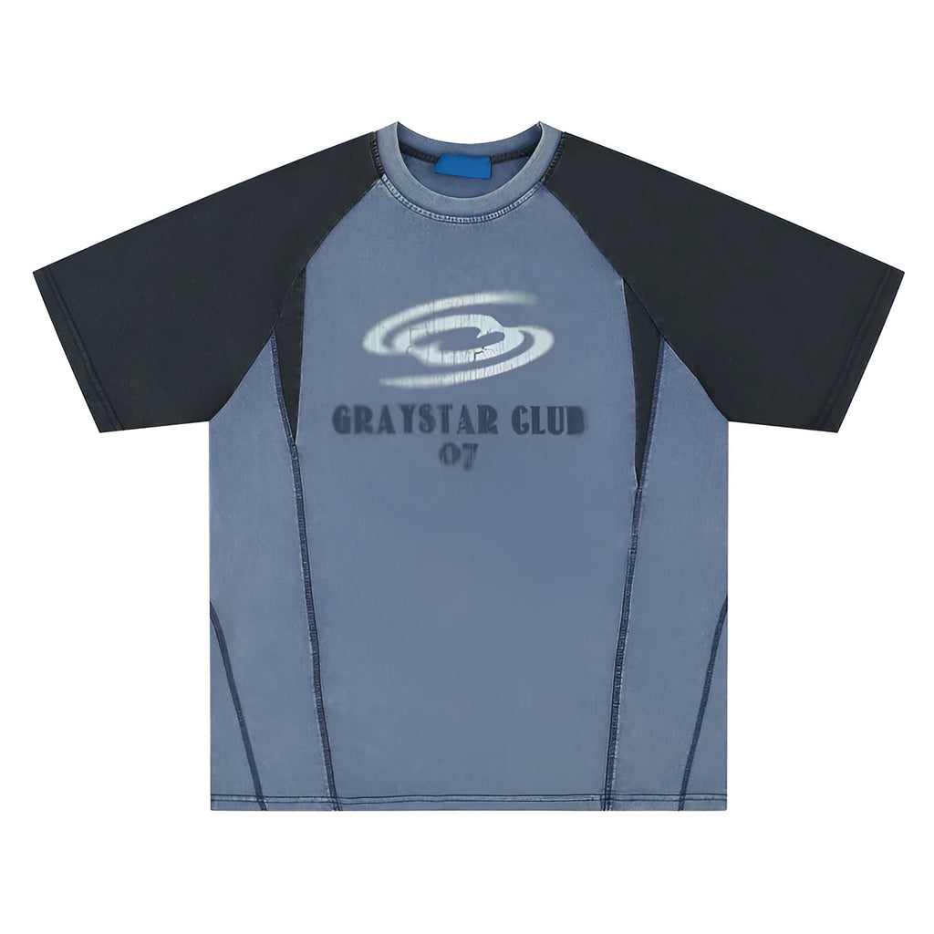 Men's blue hip hop letter print cotton T-shirt with raglan sleeves shown front view