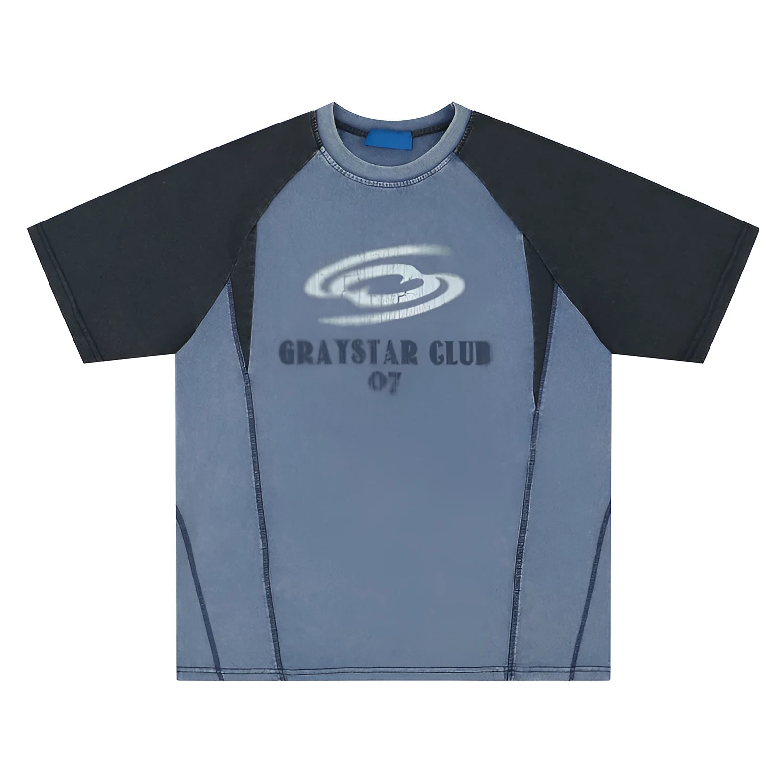 Men's blue hip hop letter print cotton T-shirt with raglan sleeves shown front view