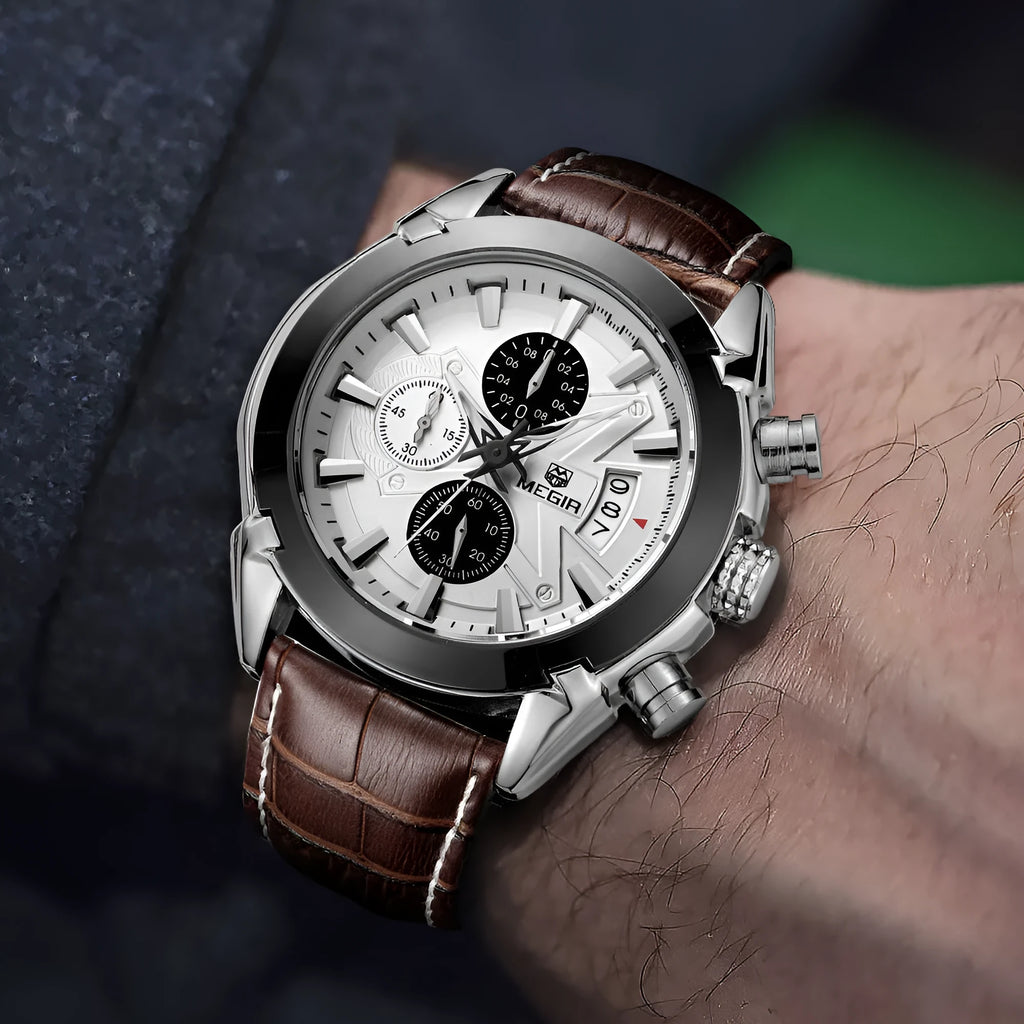 Men's multifunctional wristwatch with three subdials, six hands, waterproof construction, and luminous markers