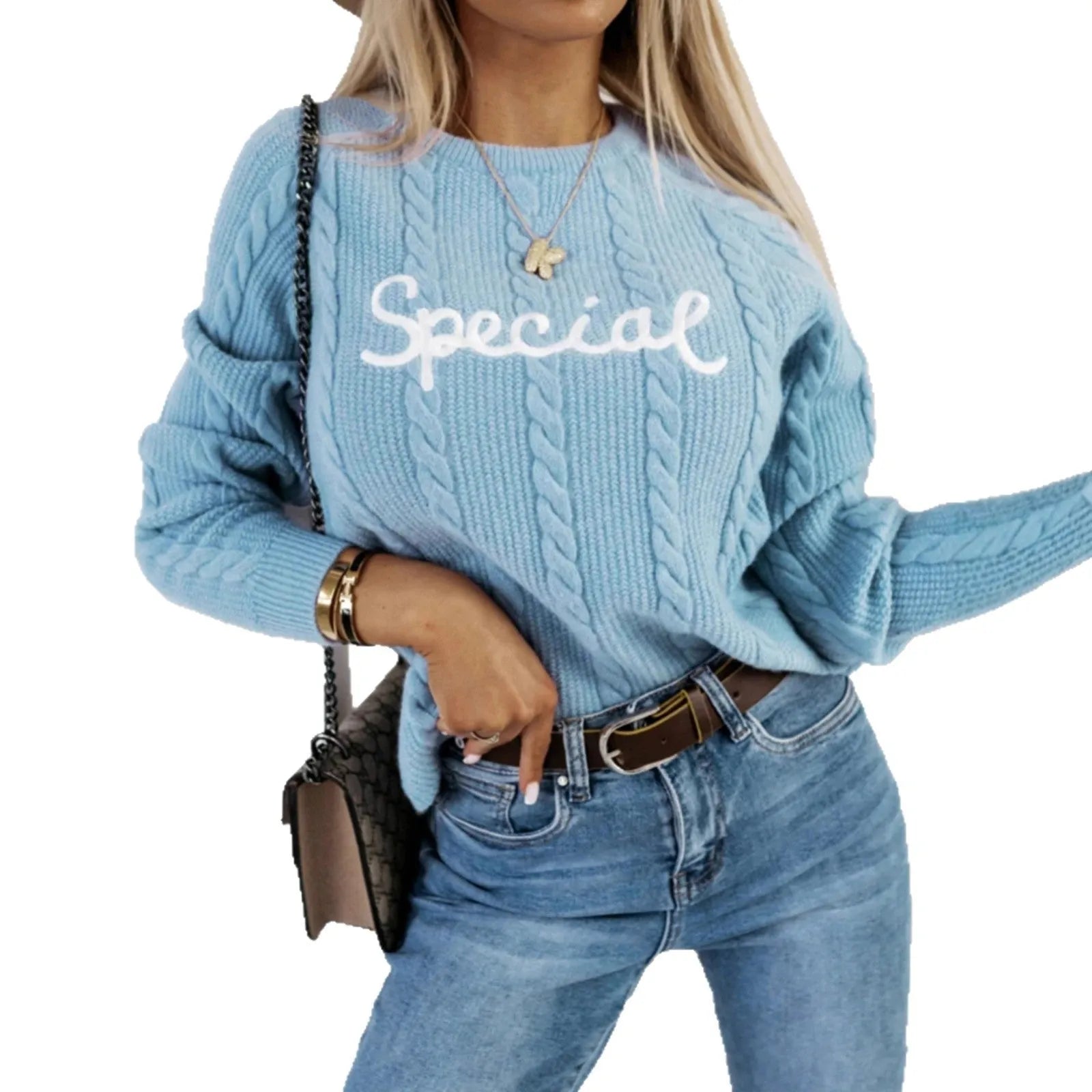 Blue leisure pullover sweater with embroidered letters detail on front