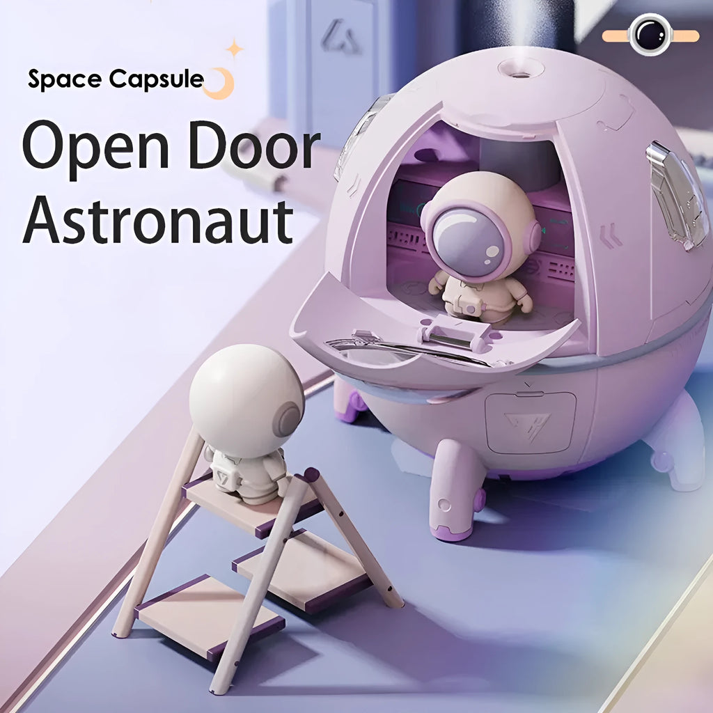 Astronaut-themed portable desktop humidifier with USB cable and colourful LED lighting