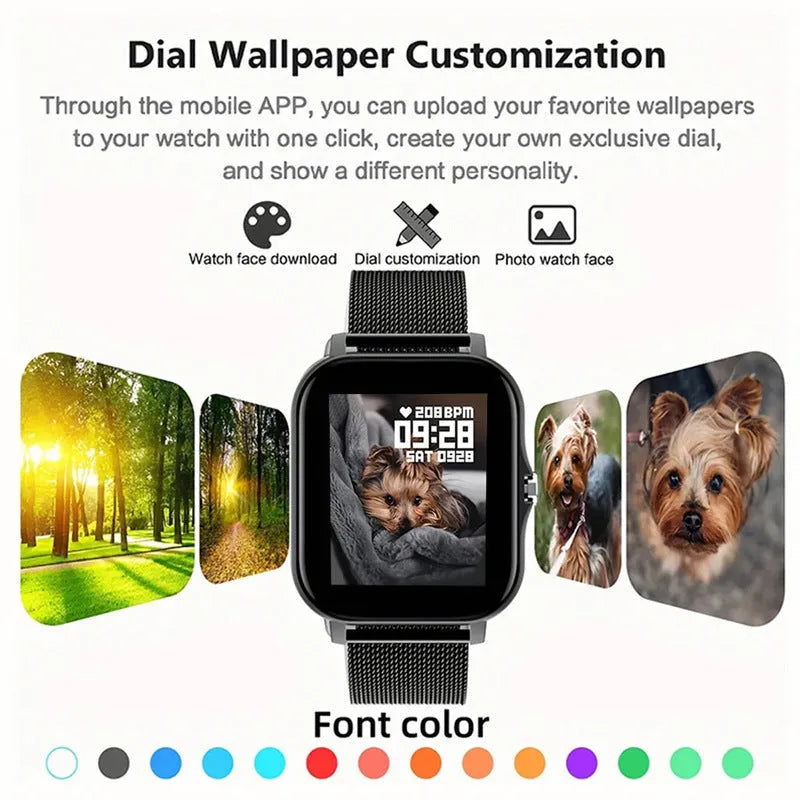 Smart watch with touch screen displaying health metrics, silicone wrist strap in chosen colour