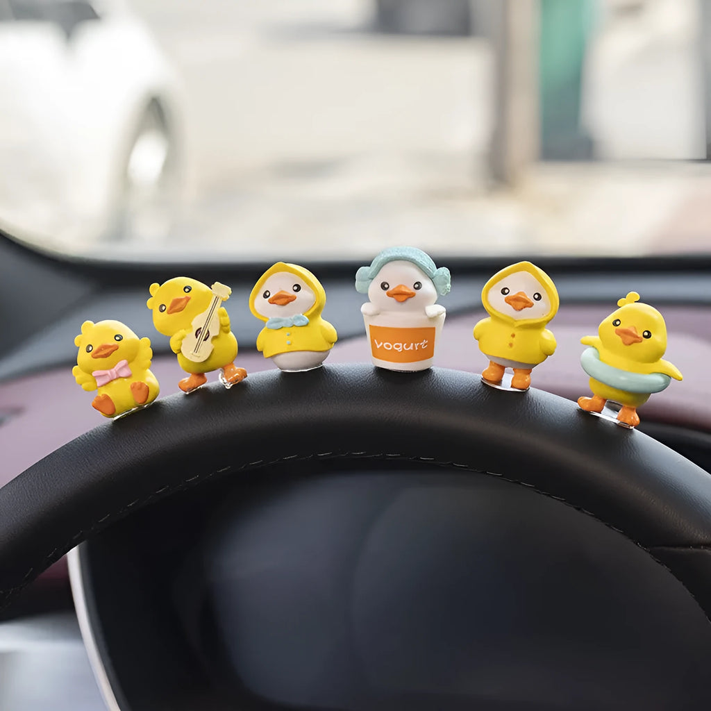 PVC cartoon duckling car decoration set with six ducks and welcome sign for dashboard