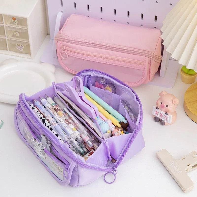 Korean-style multi-layer flip pencil case in canvas material showing six colour options