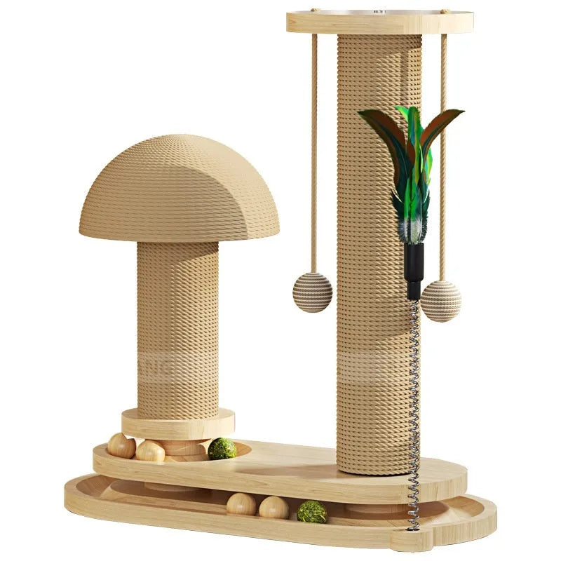 Solid wood cat turntable scratching post with climbing frame in natural timber construction